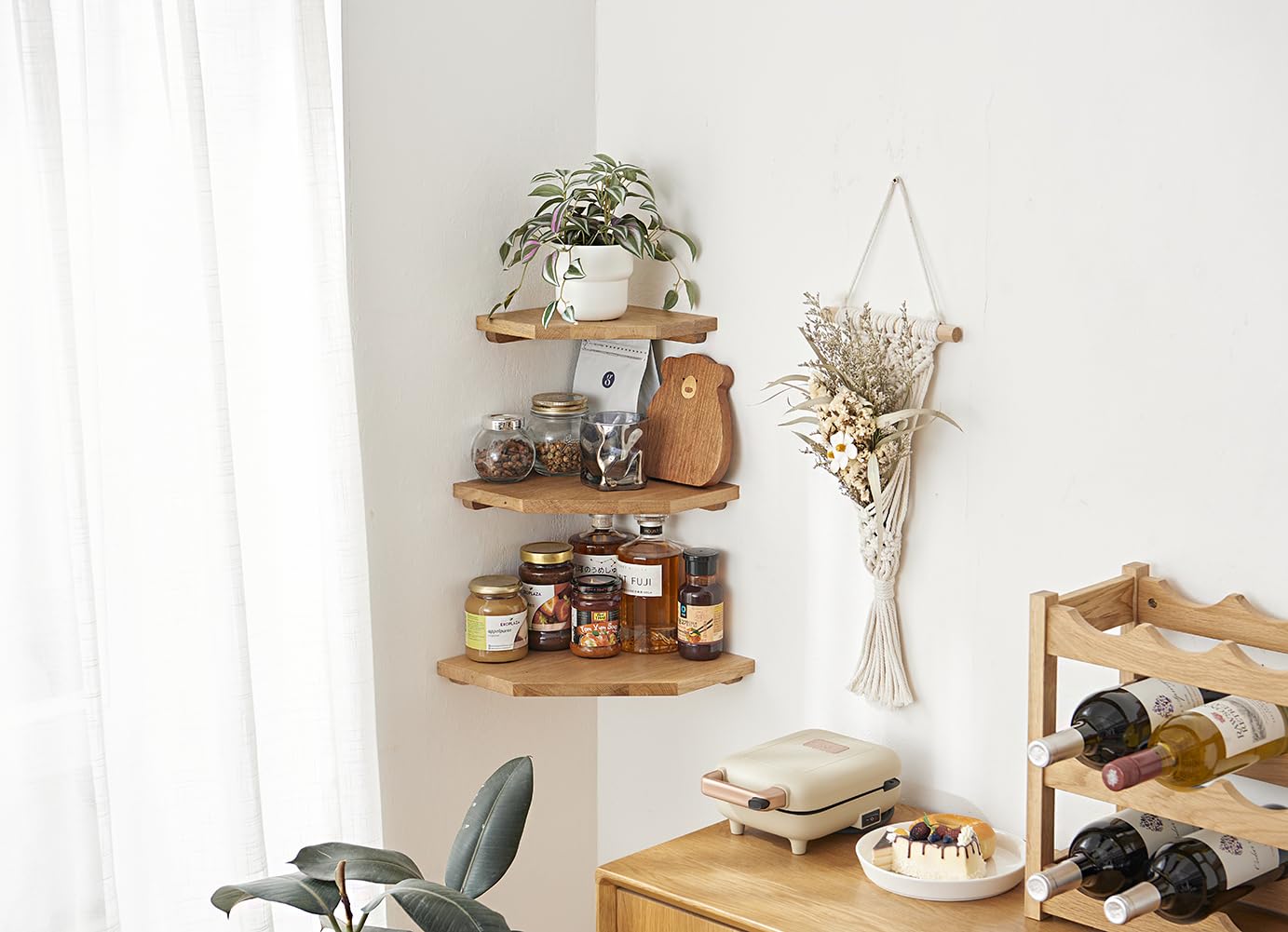 Mensola Angolare in Legno di Quercia da Parete Con Foro per Cavi, Sospesa per Piante, Camera da Letto, Soggiorno, Cucina (30 cm)