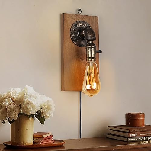 Miniatura 4 de Lámparas colgantes industriales de pared con cable enchufable, apliques antiguos retro con placa de madera, iluminación de pared sin agujero de