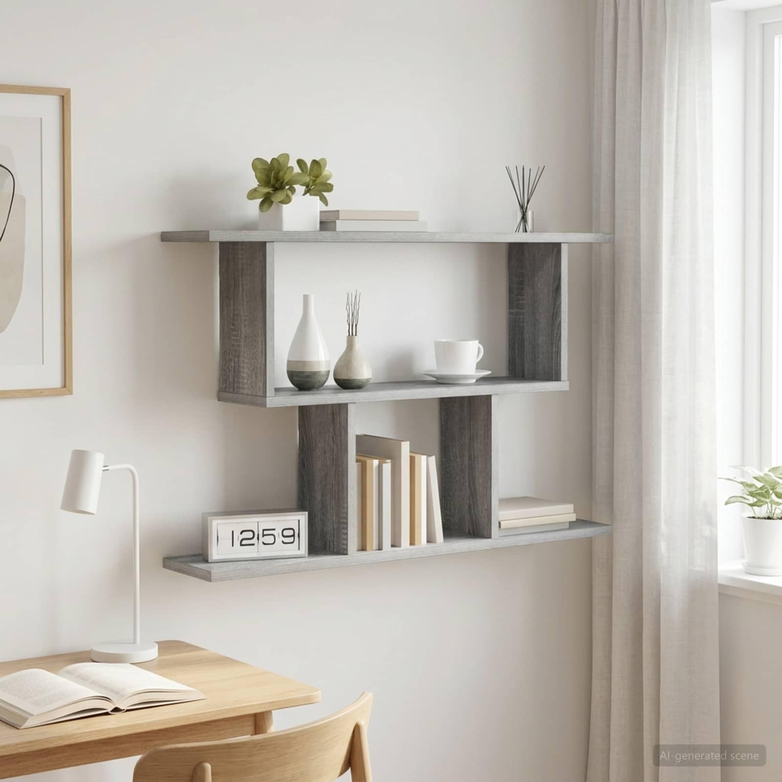 Estantería de pared gris Sonoma de madera 80 x 15 x 50,5 cm con 4 compartimentos, estantería de pared para salón, cocina y baño, estantería flotante estable con mucho espacio de