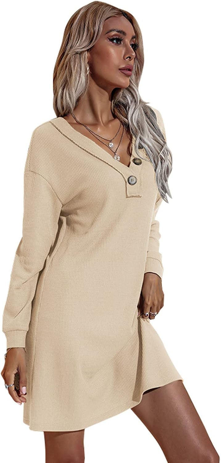 Women Button Knit Dress,Long Sleeve V Neck Casual Dresses Fall