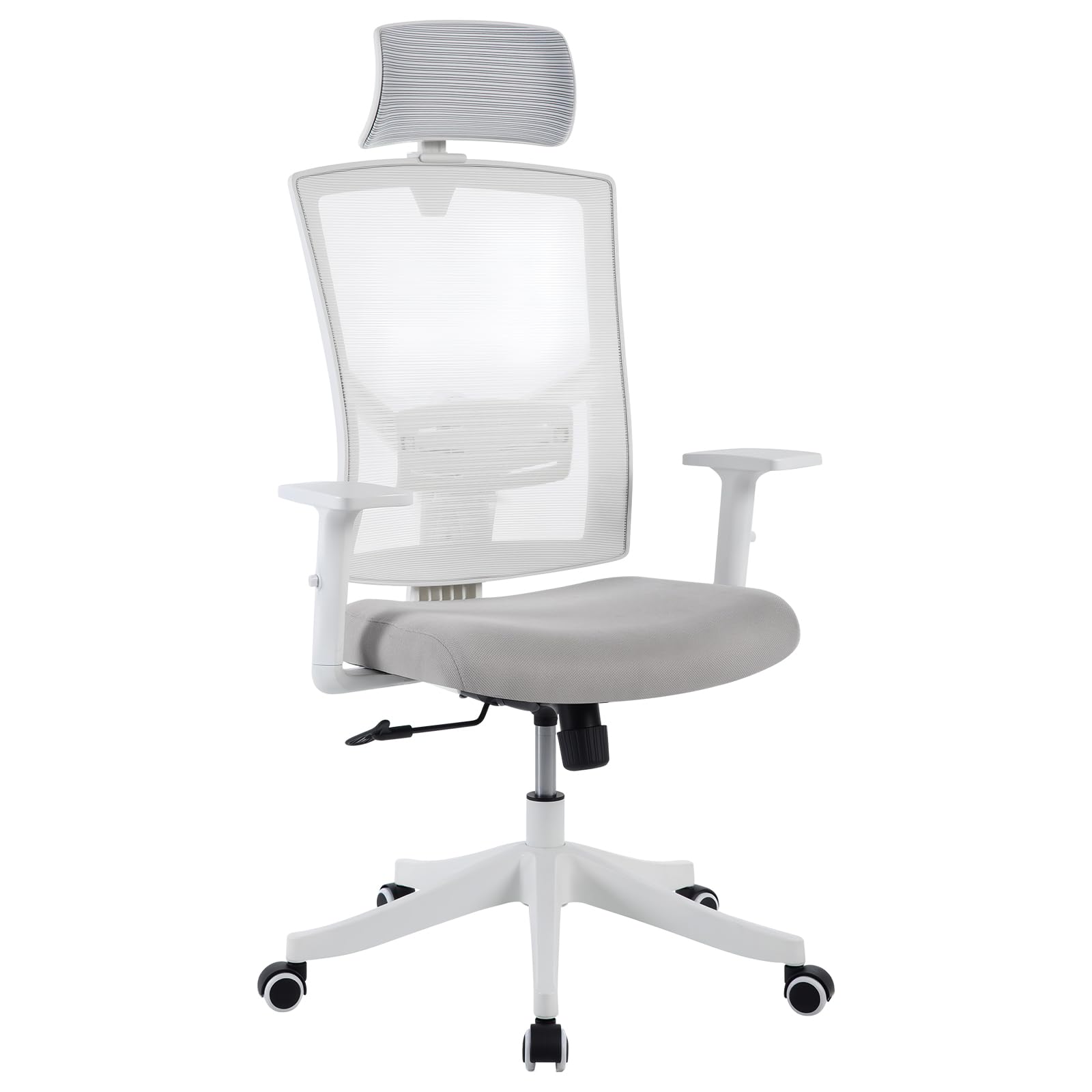 Silla de Oficina ergonómica de Respaldo Alto – Malla Transpirable – Reposacabezas y Soporte Lumbar Ajustables – Brazos abatibles – Respaldo reclinable y Base giratoria – Marco Blanco/Malla Gris