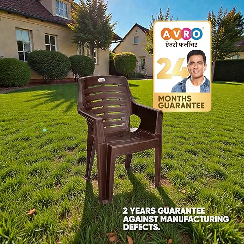 Image of AVRO Furniture 4003 Heavy Duty Plastic Chair for Home, Office & Outdoor, Solid Back Support, Comfortable Seating with Arm, Ergonomic and Stackable, Pre-Assembled, 150 Kg Capacity, Set of 2, Brown