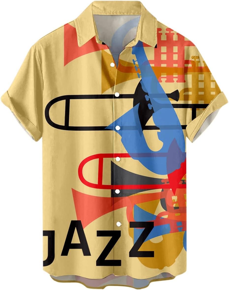 TRIONN Mens Compression Shirt, Men Music Element Pattern Summer Custom Printing Shirt Large Size Loose Short Sleeve Shirt Summer Trend Tops (Size : XXL)