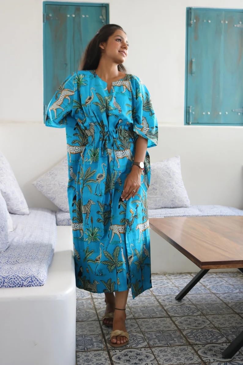 Robe de nuit maxi caftan imprimé jungle en coton fait à la main, caftan court, beau caftan, robe de plage
