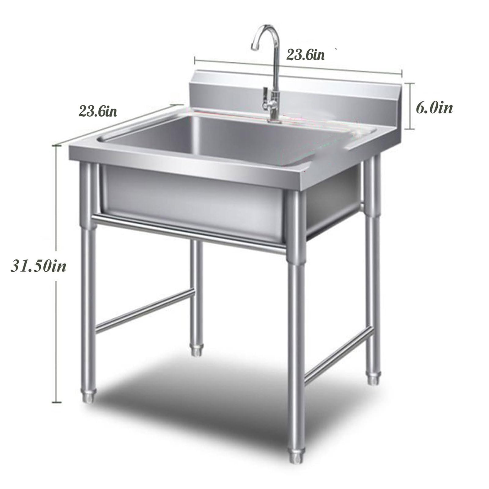 Lavello di Servizio in Acciaio Inox autoportante a Vasca Singola per Uso Commerciale, ristoranti e cucine, con Tubo dell'Acqua Fredda e Vasca per Lavanderia, per Interni ed Esterni