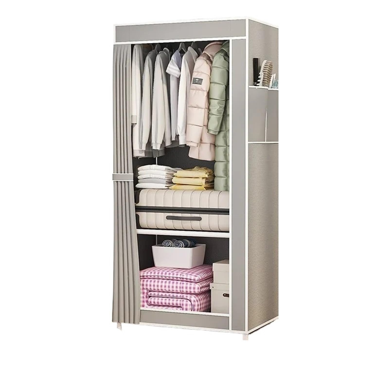 Stoffschrank Stoff-Kleiderschrank, einfach zusammenzubauen, Aufbewahrungsschrank, mehrschichtiger Kleiderschrank, Schlafzimmer, staubdicht, faltbar, Kleiderbügel(Grey)