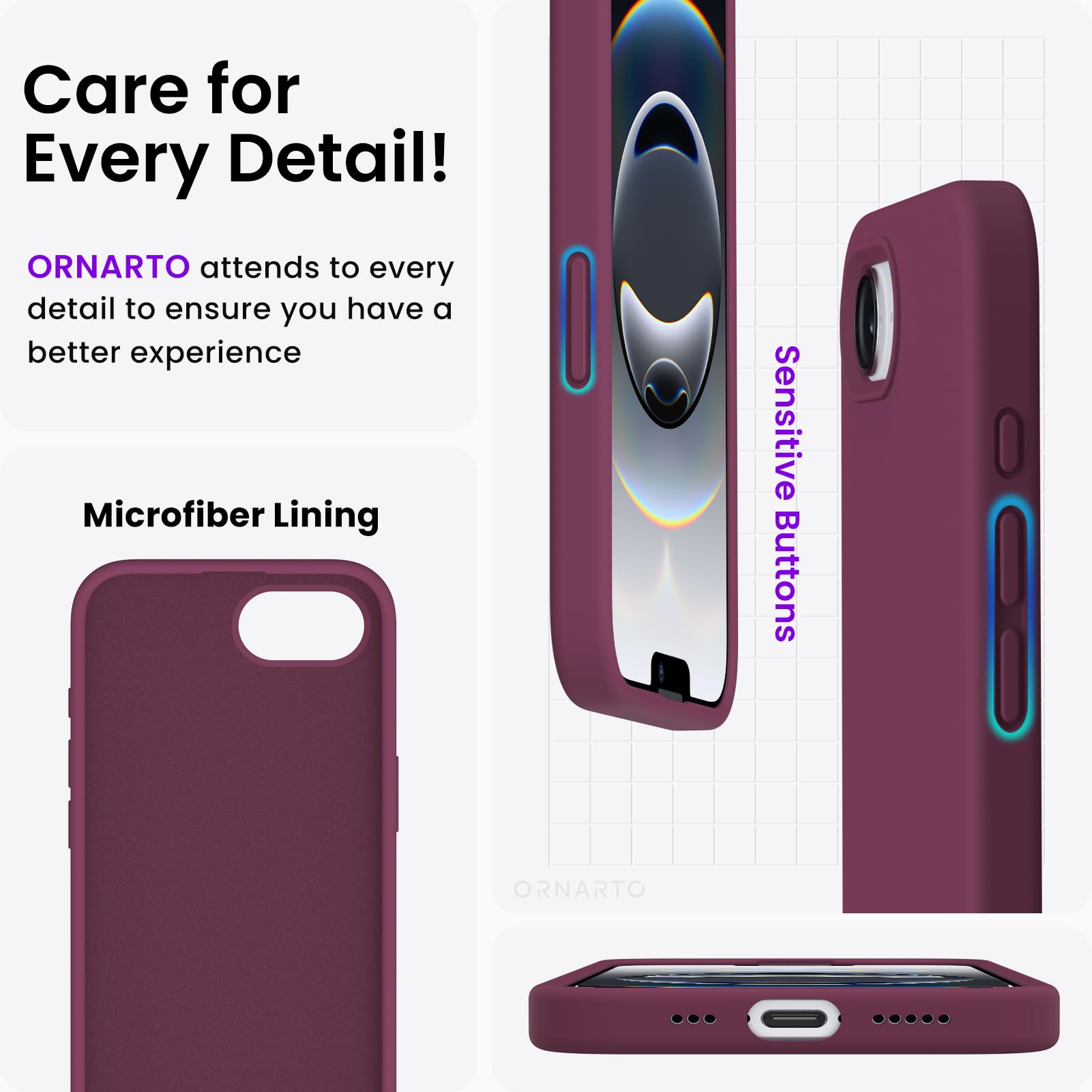 ORNARTO Cover per iPhone 16e (2025) Silicone 6.1 Pollici, Custodia Compatibile con iPhone 16e Case, Morbido Silicone Liquido Protezione, in Gomma Gel Morbida con Fodera in Microfibra-Vino Rosso
