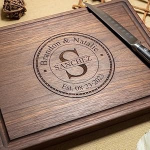 Personalized Hardwood Cutting Board Custom Wedding Anniversary Housewarming Gift Engraved Charcuterie Board for Couples Newlyweds USA Made Initial Stamp Design 097