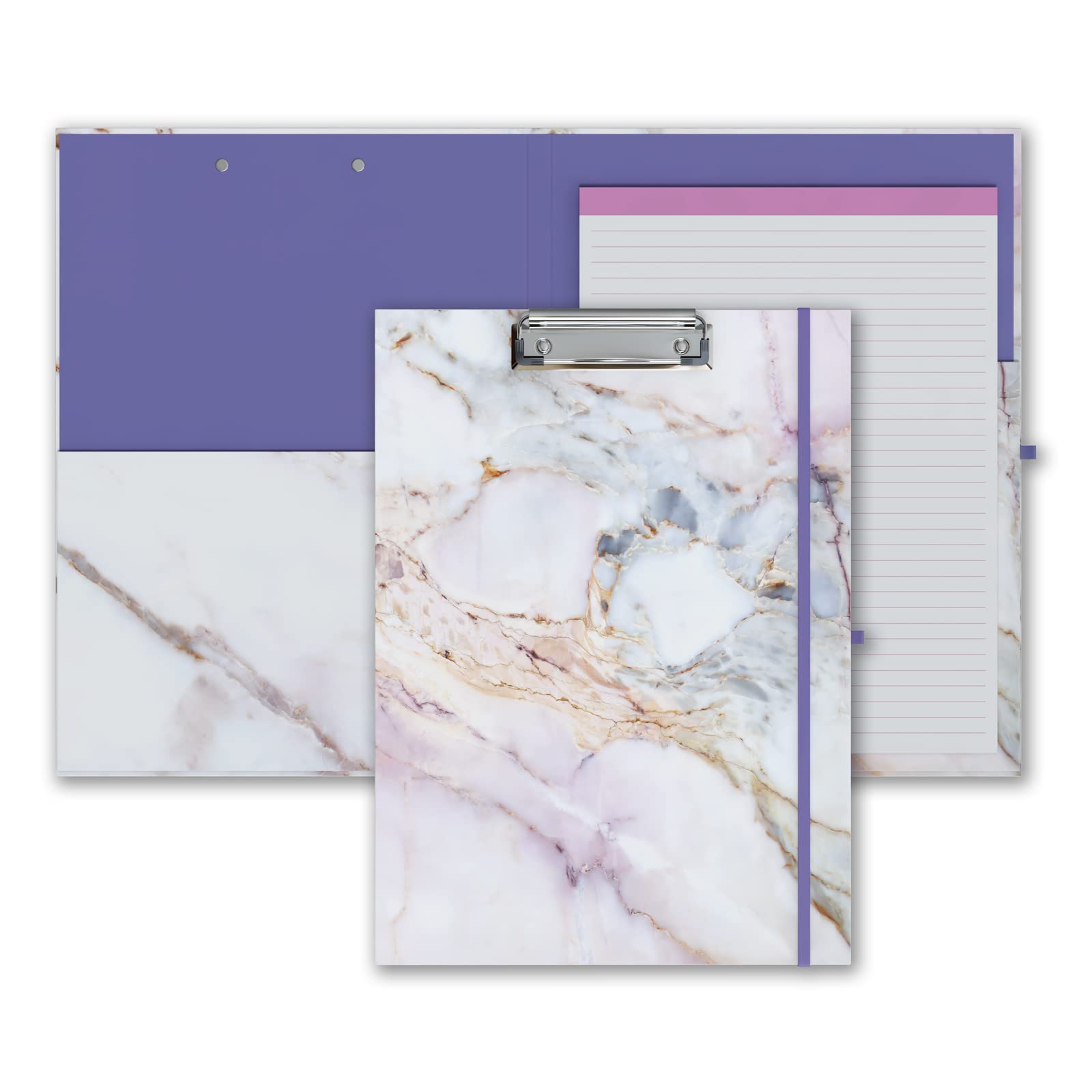 Cute Clipboard Folio with Refillable Lined Notepad and Interior Storage Pocket for Office Stylish A4 Foldable Clipfolio - Colorful Marble