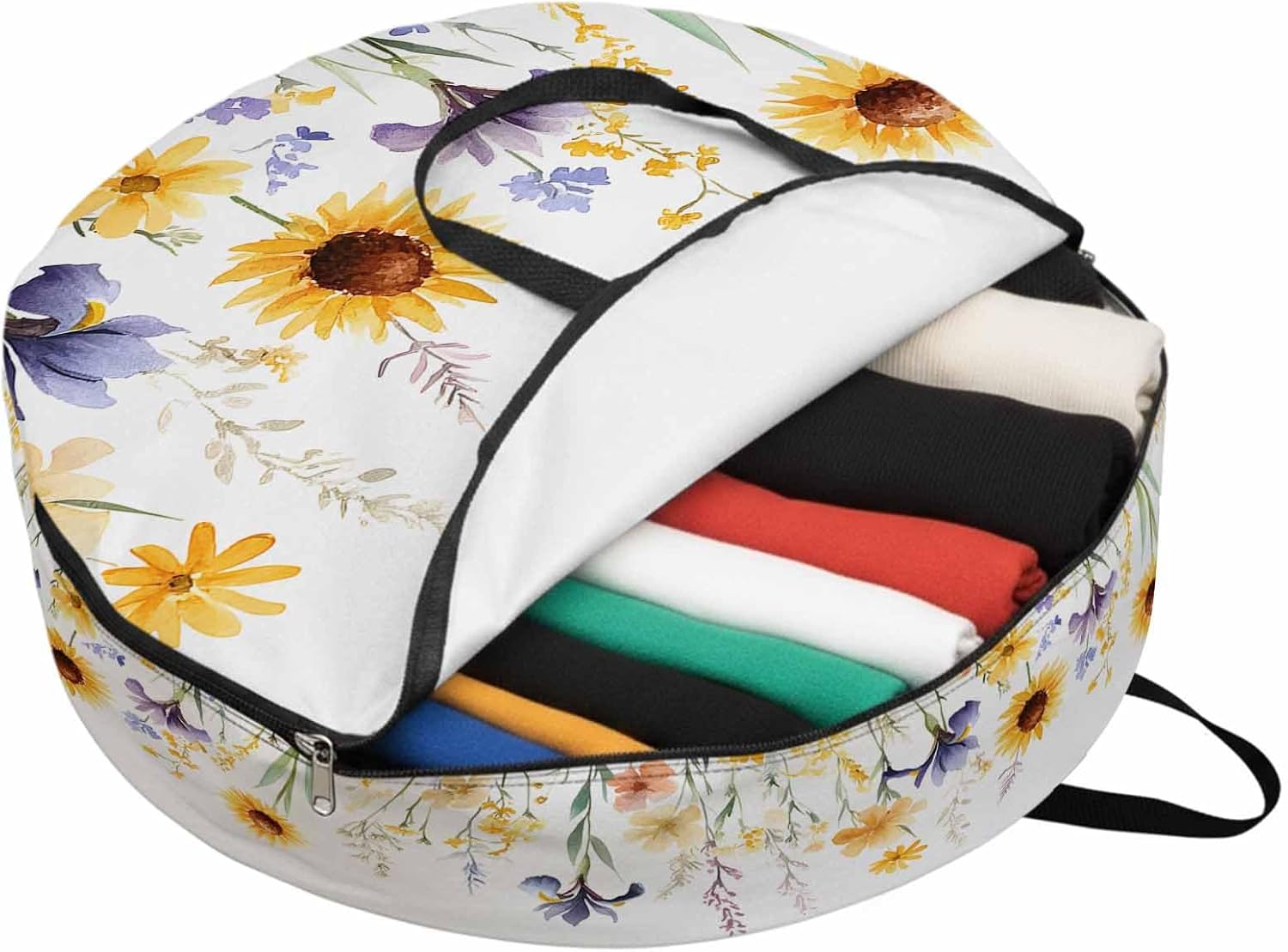 Pastoral Sunflowers Round Storage Bag 36 Inch, Leaves Plants Floral Watercolor Clothes Storage Container with Handles Heavy Duty Organizer for Comforter, Bedding & Holiday Wreaths