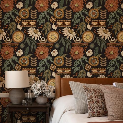 Simon&Siff Boho Wallpaper Peel and Stick, 17.3'' x 800" Sun Floral Retro Removable Contact Paper Dark Botanical Flowers Wall Mural for Decorative Bedroom Bathroom Home Wall