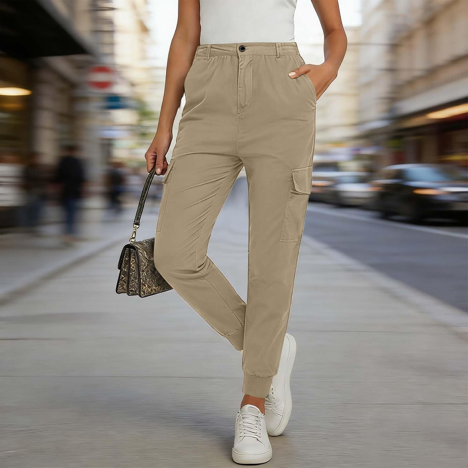 Fashion Casual Outdoor Hiking Cargo Pants Elastic Waist with Button Zipper Fly Multi-Pockets, Durable Comfort Trousers