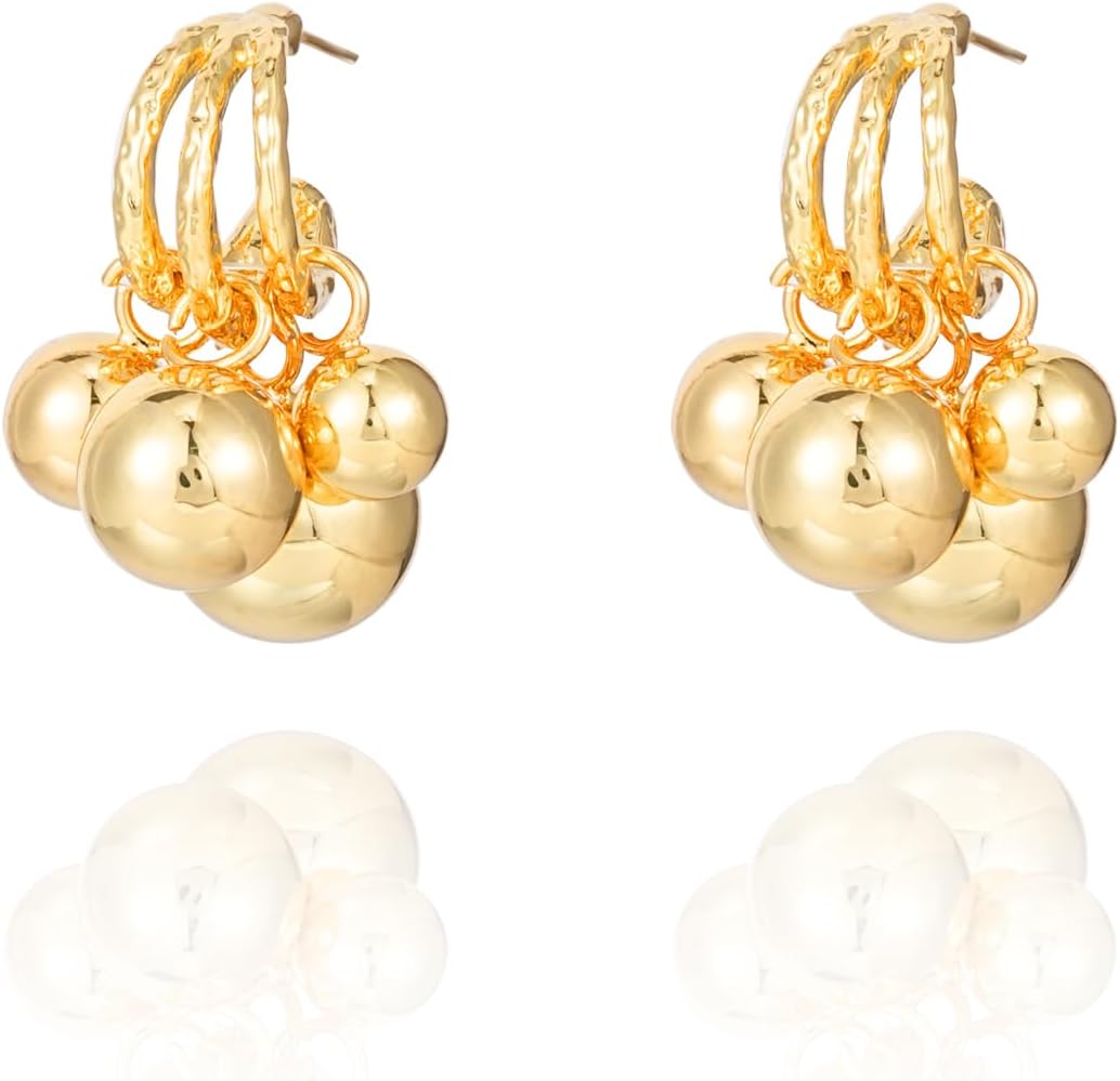 Chunky Ball Dangle Hoop Earrings for Women,14k Gold Plated Statement Dangling Tassel Metal Brass Ball Bead Jewelry Earrings For Formal Party Prom