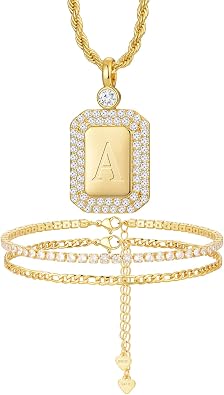 Gold A Initial Necklaces and Ankle Bracelets Set