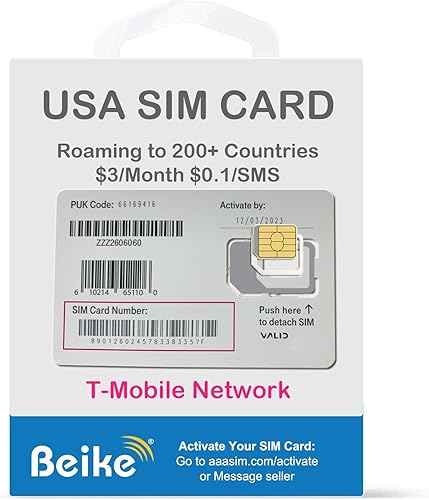 Tarjeta SIM prepagada - EE.UU. $3/mes Pay As You Go Plan con número móvil de EE. UU., LTE/5G, servicio T-Mobile, $0.10 por texto/minuto, roaming