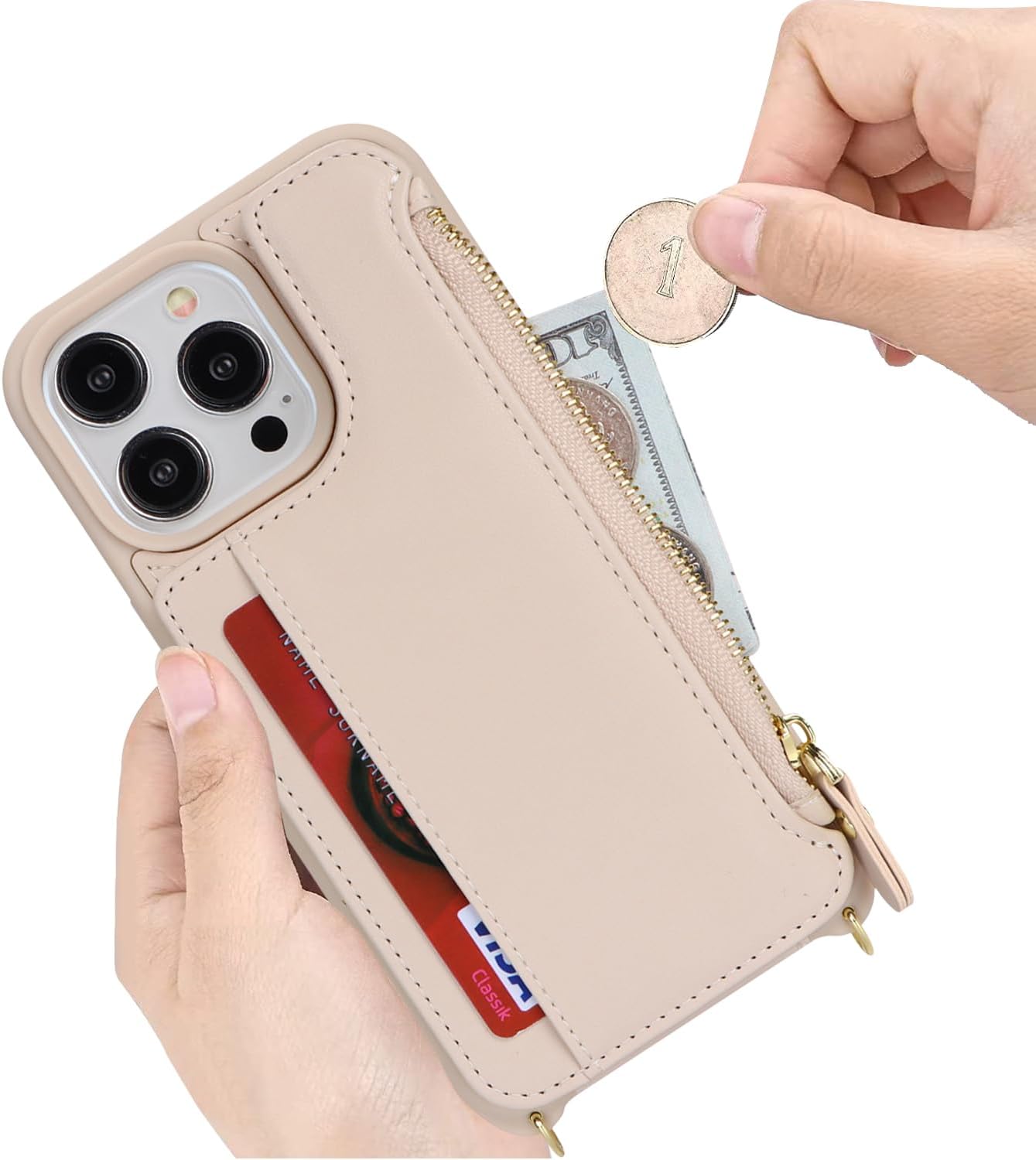 Cavor for iPhone 14 Pro Wallet Case with Card Holder for Women,for iPhone 14 Pro Case with Strap,Crossbody Lanyard and Wristlet Zipper Pocket Phone Cover-Cream - Image 4