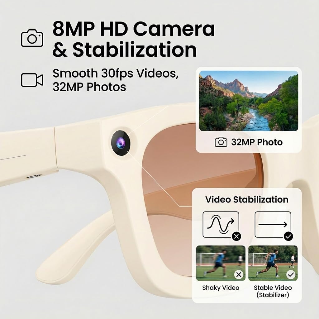 AI Smart Glasses with Camera, 8MP HD Camera Glasses, 1080P Video Recording Sunglasses, Real Time Translation, Voice Assistant, Open-Ear Audio for Travel, Meetings & Vlogging (Beige)