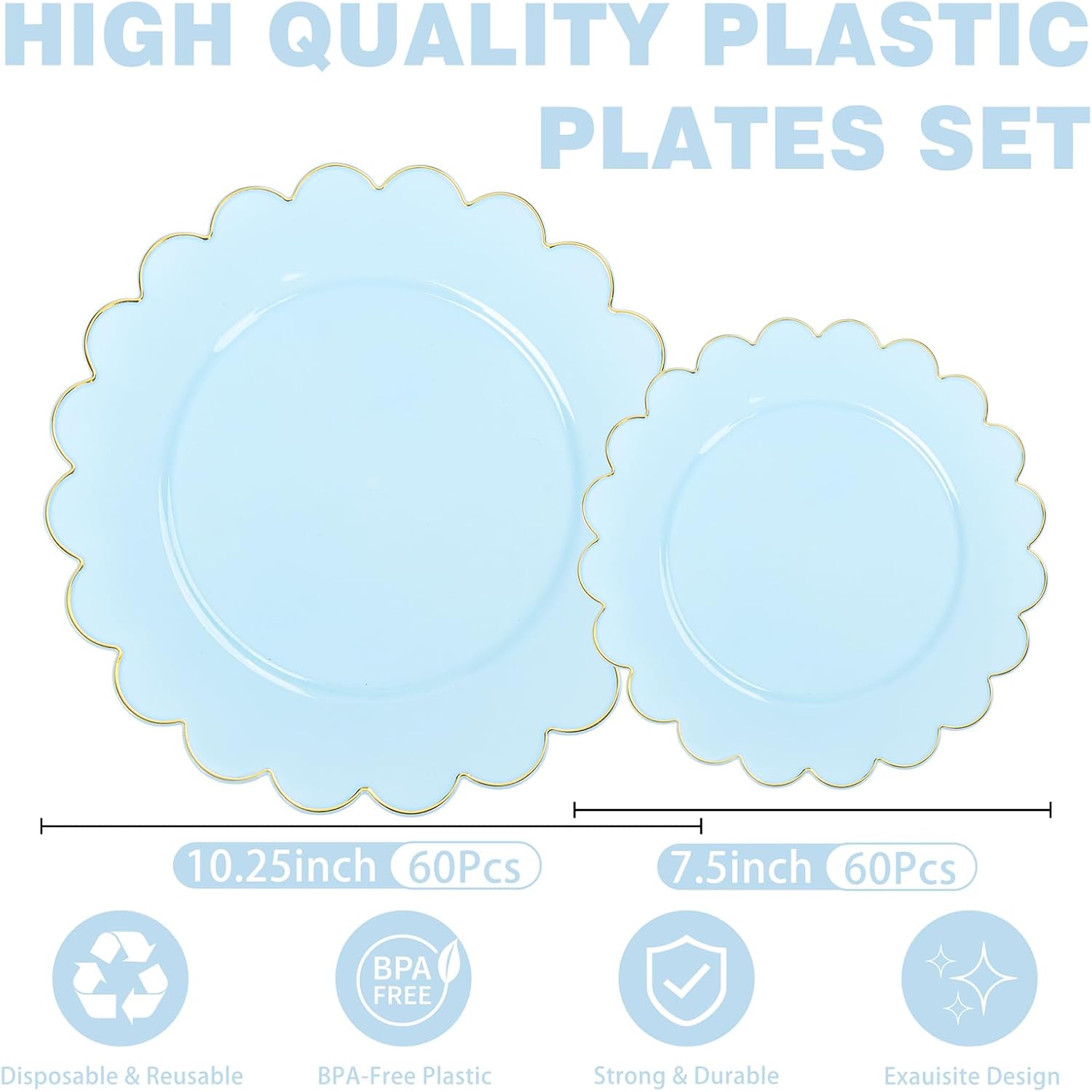 LIYH 120 Pcs Baby Blue Plastic Plates with Gold Edge - Disposable Light Blue Scalloped Baby Shower Plastic Plates Includes 60 Dinner Plate 10.25" & 60 Dessert Plate 7.5" for Party Birthday
