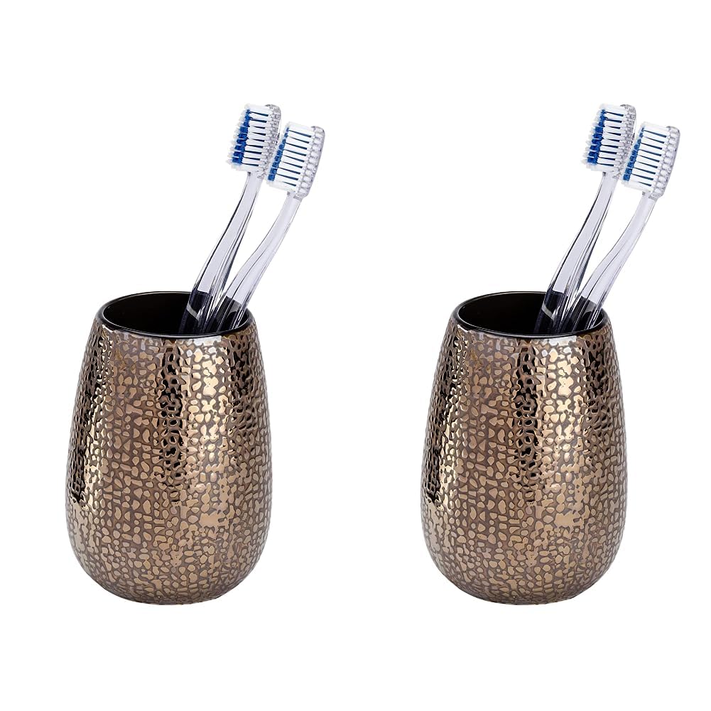 WENKO Zahnputzbecher Marrakesh Keramik - Zahnbürstenhalter für Zahnbürste und Zahnpasta, Keramik, 8.3 x 11.4 x 8.3 cm, Braun (Packung mit 2)