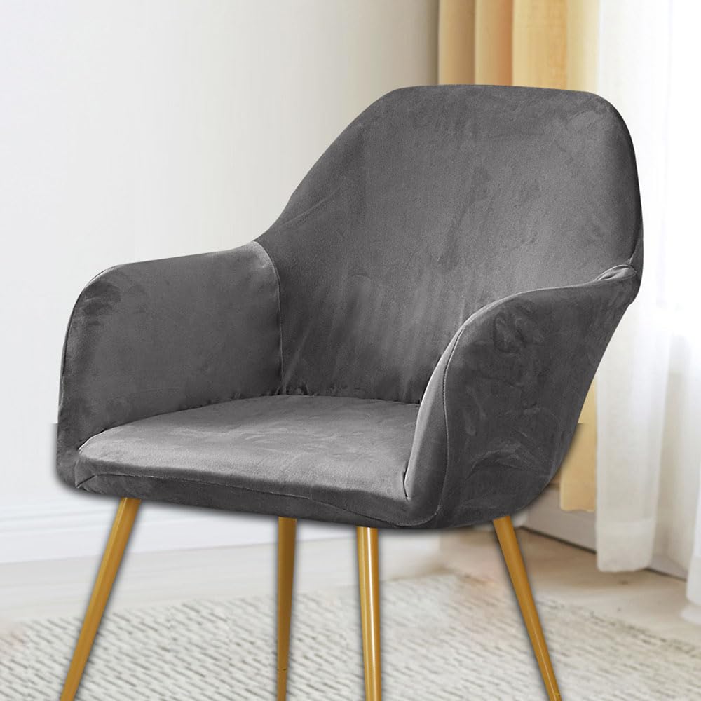 Highdi Soft Velvet Chair Slipcovers Set of 6/4/2/1, Stretch Dining Chair Covers with Armrest and Curved Back, Vanity Swivel Armchair Cover for Bedroom Office Living Room (Gray,1 PC)