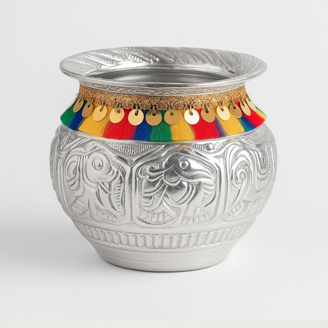 400ml Kalash with Decorative Lace in White Metal German Silver for Krishna Pooja, Ganesh Lakshmi Poojan in Diwali Decoration Mandir Return Gift Lota (9cm)