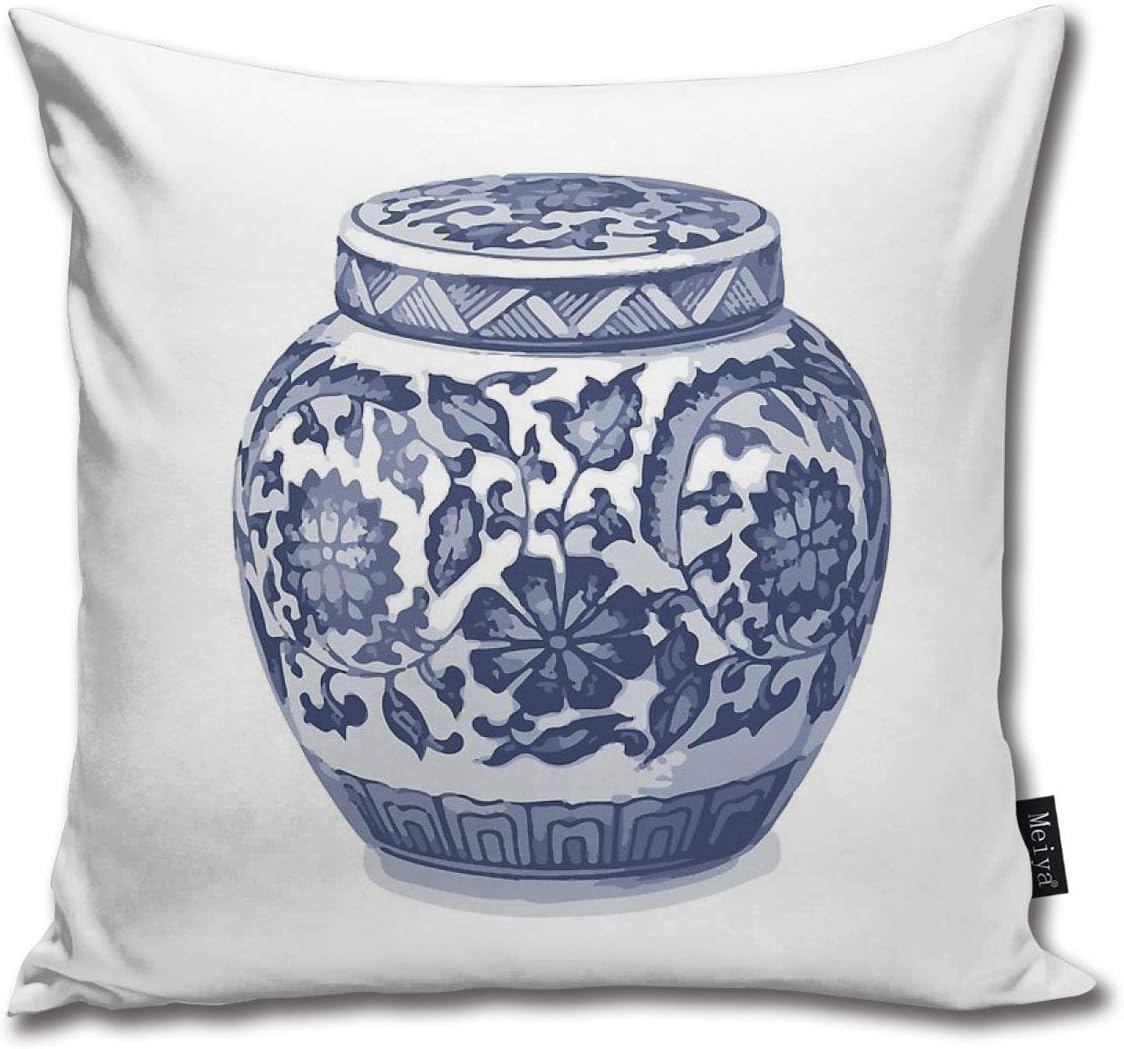 MeiMei2 Indigo Blue White Hamptons Ginger Jar Chinoiserie Vase Throw Pillow Cushion Cover Decorative Square Accent Pillow Case, 18 X 18 Inches
