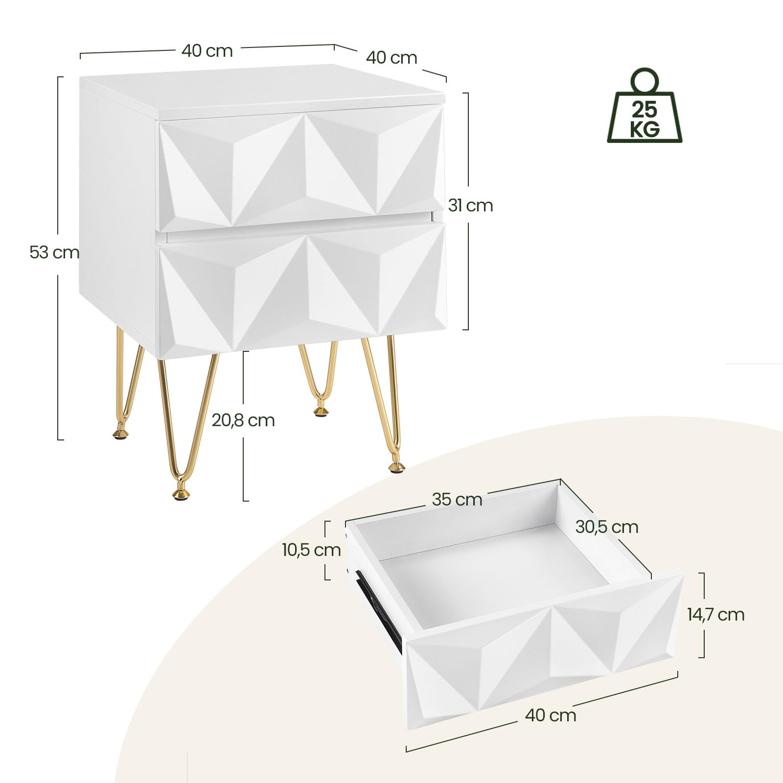 EUGAD Set di 2 Comodino per Camera da Letto, Comodino Bianco con 2 Cassetti e Gambe Dorate, 40x40x53cm, Tavolino da Salotto, Divano, Cameretta, Frontale in Rilievo, in Legno e Metallo, 0001CTG-2