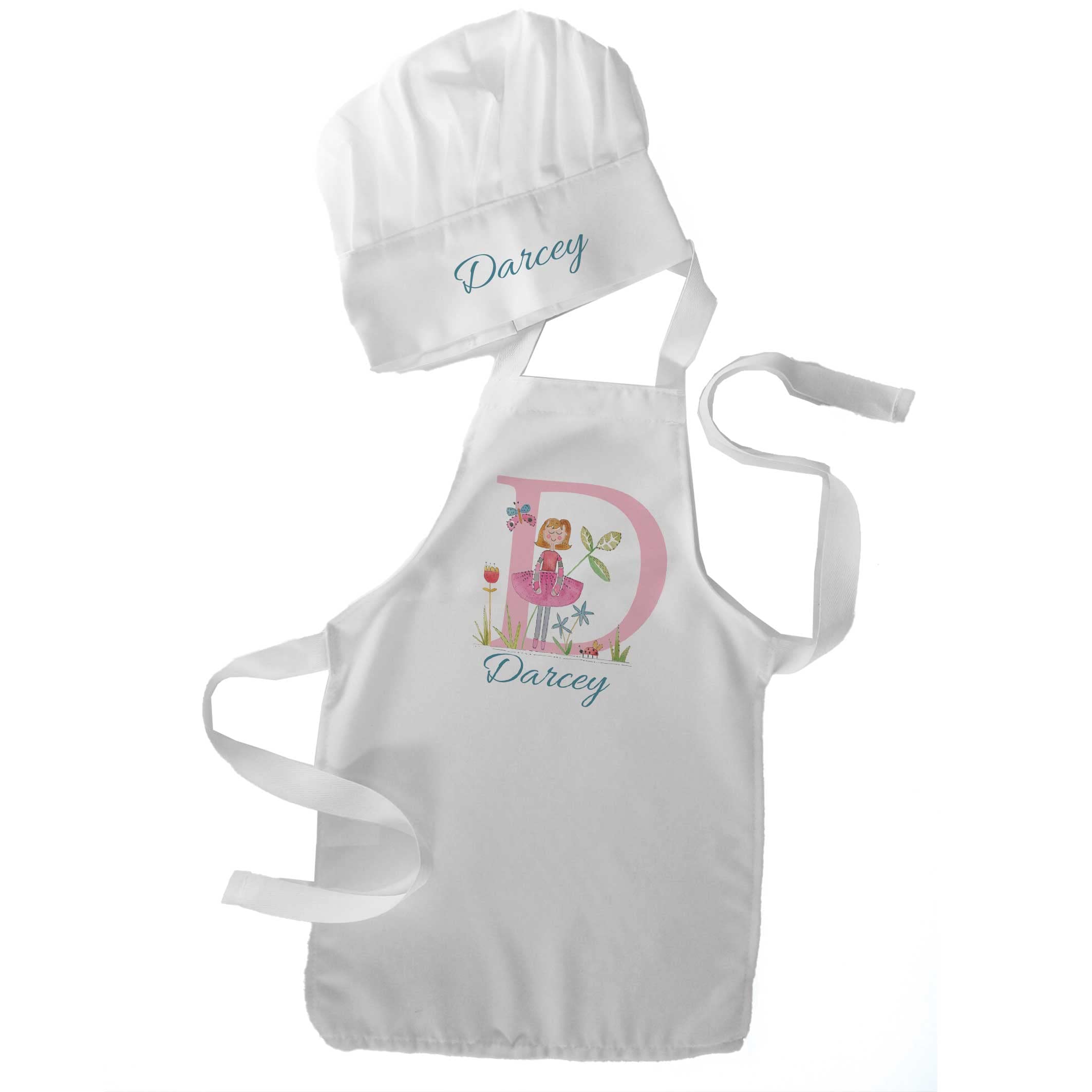 Personalised Kids Apron and Chef Hat Set – Custom Name Children Cooking Baking Set – Ages 5–10 Years – Girls Kitchen Baking Craft Apron – Multiple Designs – Birthday Gift UK (dancerinitial) — image 1