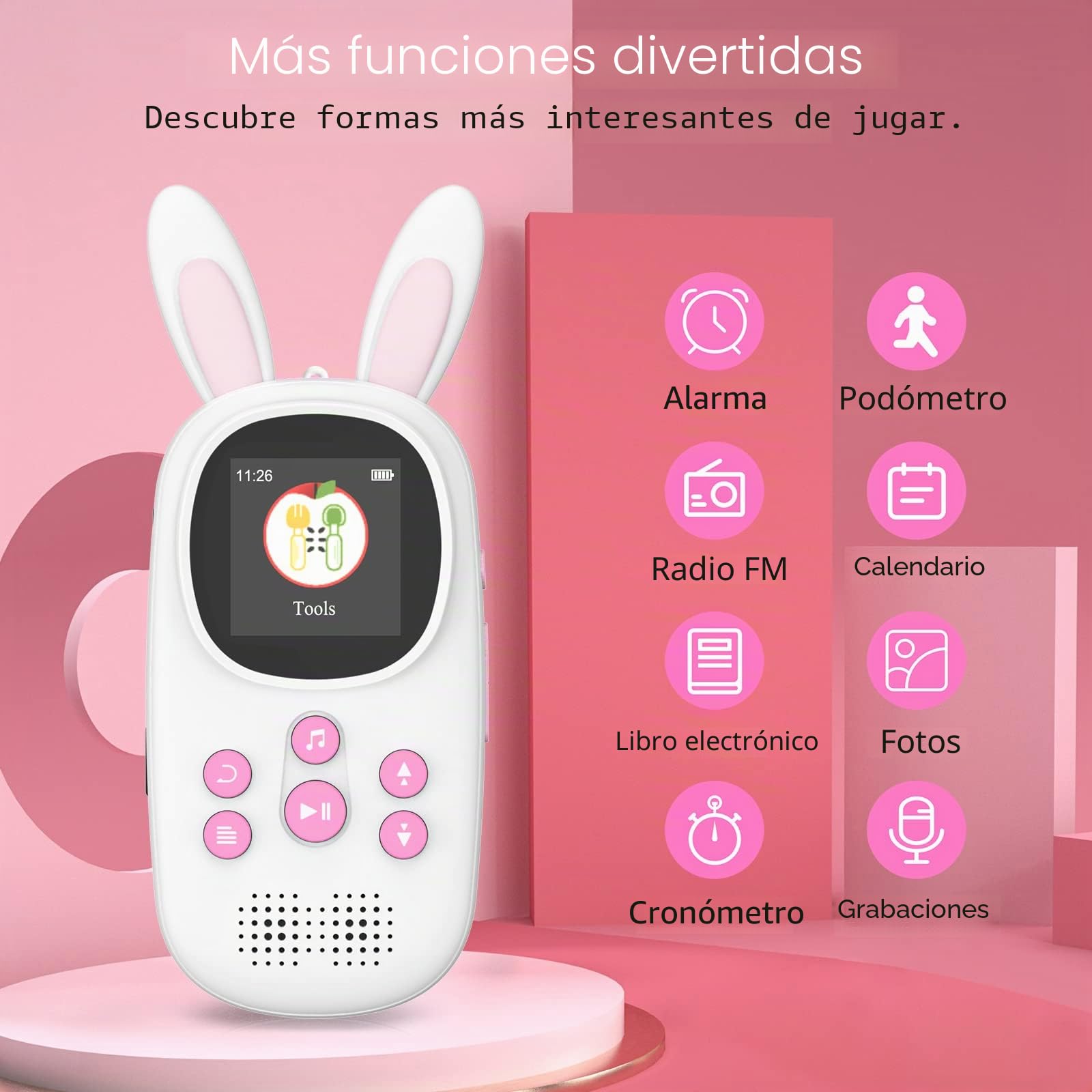32GB Reproductor MP3 de para niños, Lindo Conejito MP3 Reproductor con Bluetooth, Música MP3 con Altavoz, MP3 Player con Radio FM, grabaciones, Alarma. soporta hasta 128 GB