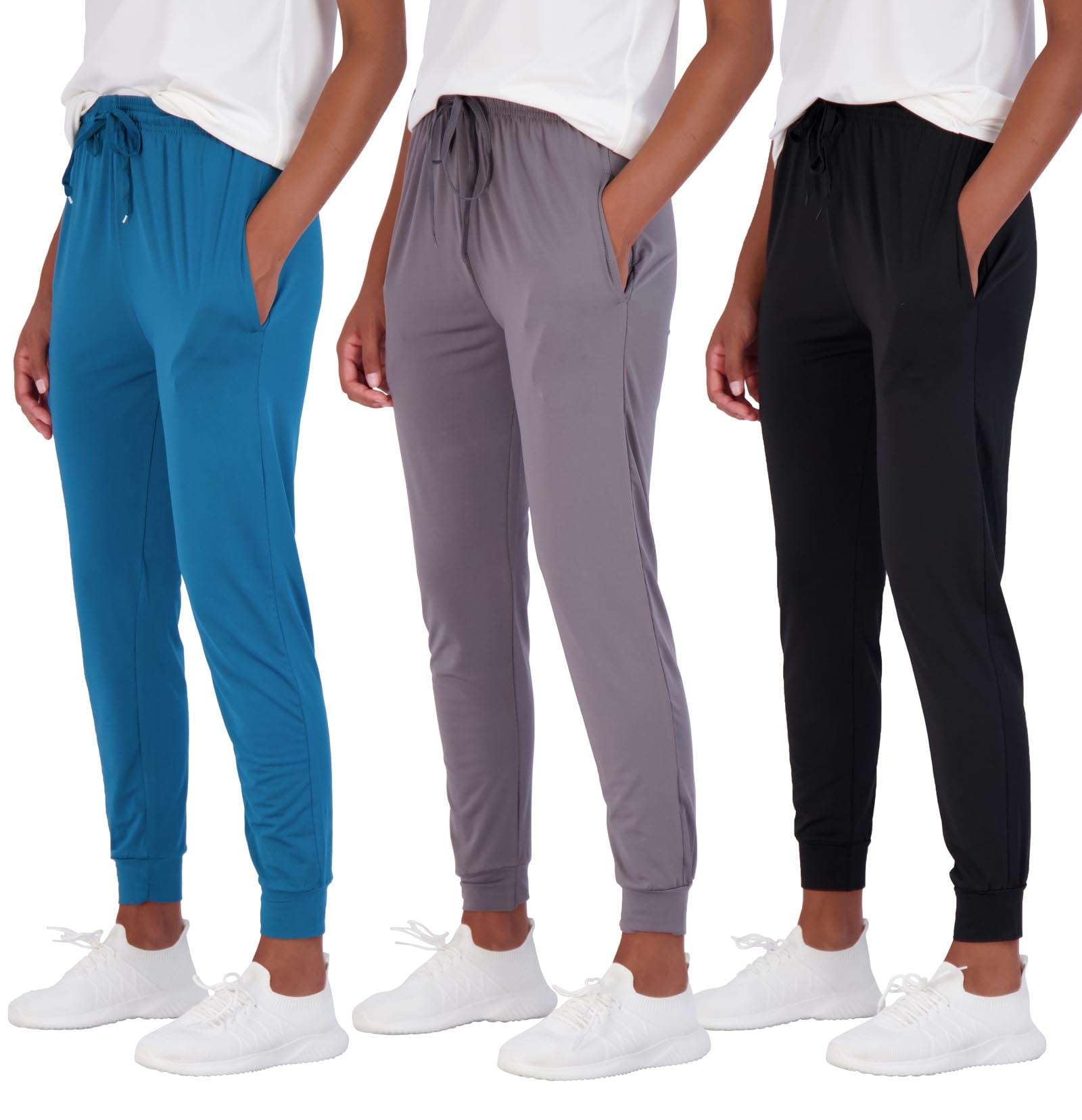 Real Essentials3 Pack: Women's Ultra-Soft Silky Dry Fit Lounge Joggers Lightweight Dry-Fit Pants with Pockets (Available in Plus)