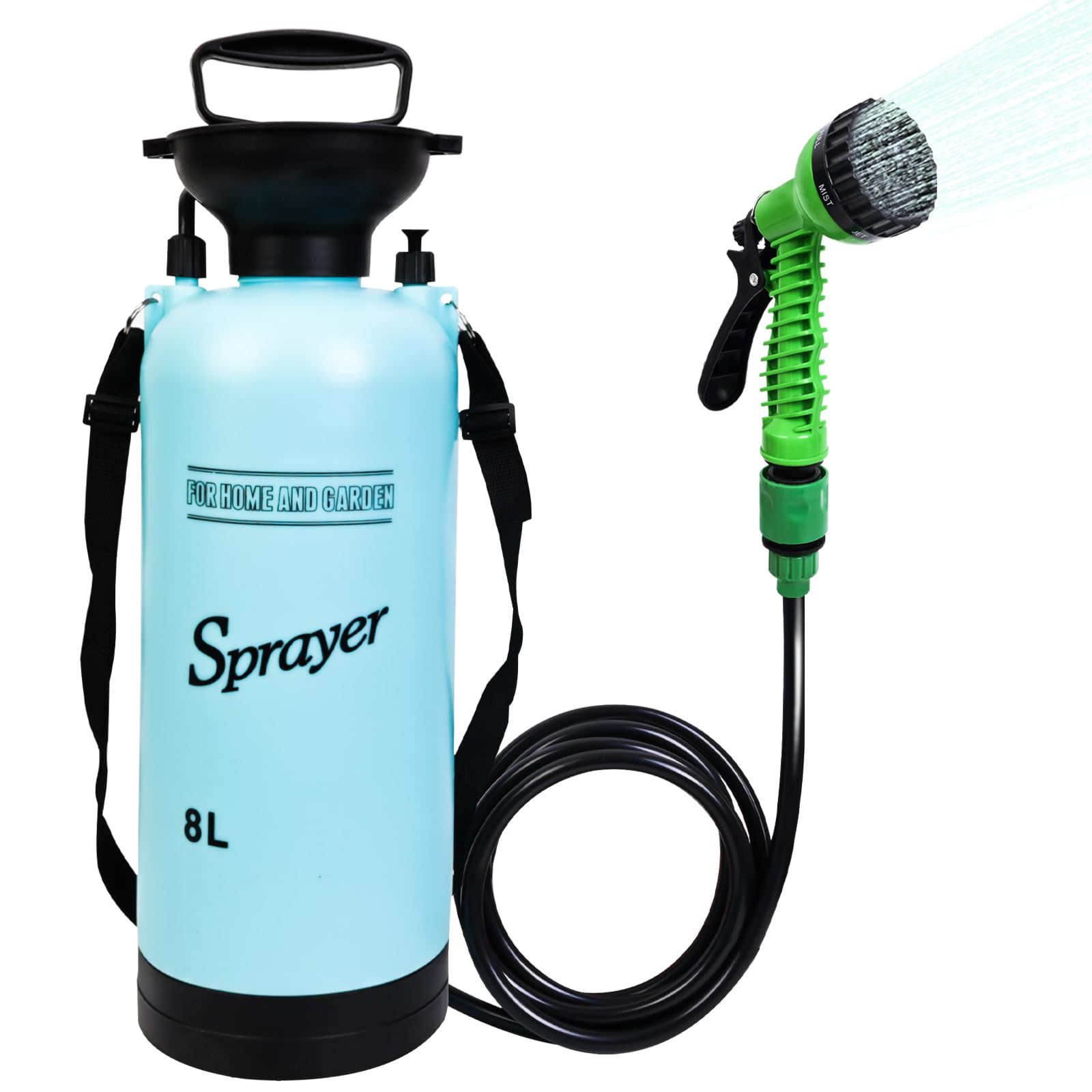 JIESIHAO Portable Shower Blue 8L with 7 Spray Modes, Hand Press with Removable Hose and Shower Head