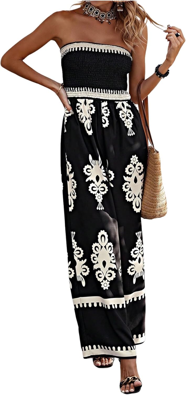 SweatyRocks Women's Tribal Print Strapless Jumpsuit Smocked Wide Leg Vacation Boho Jumpsuits