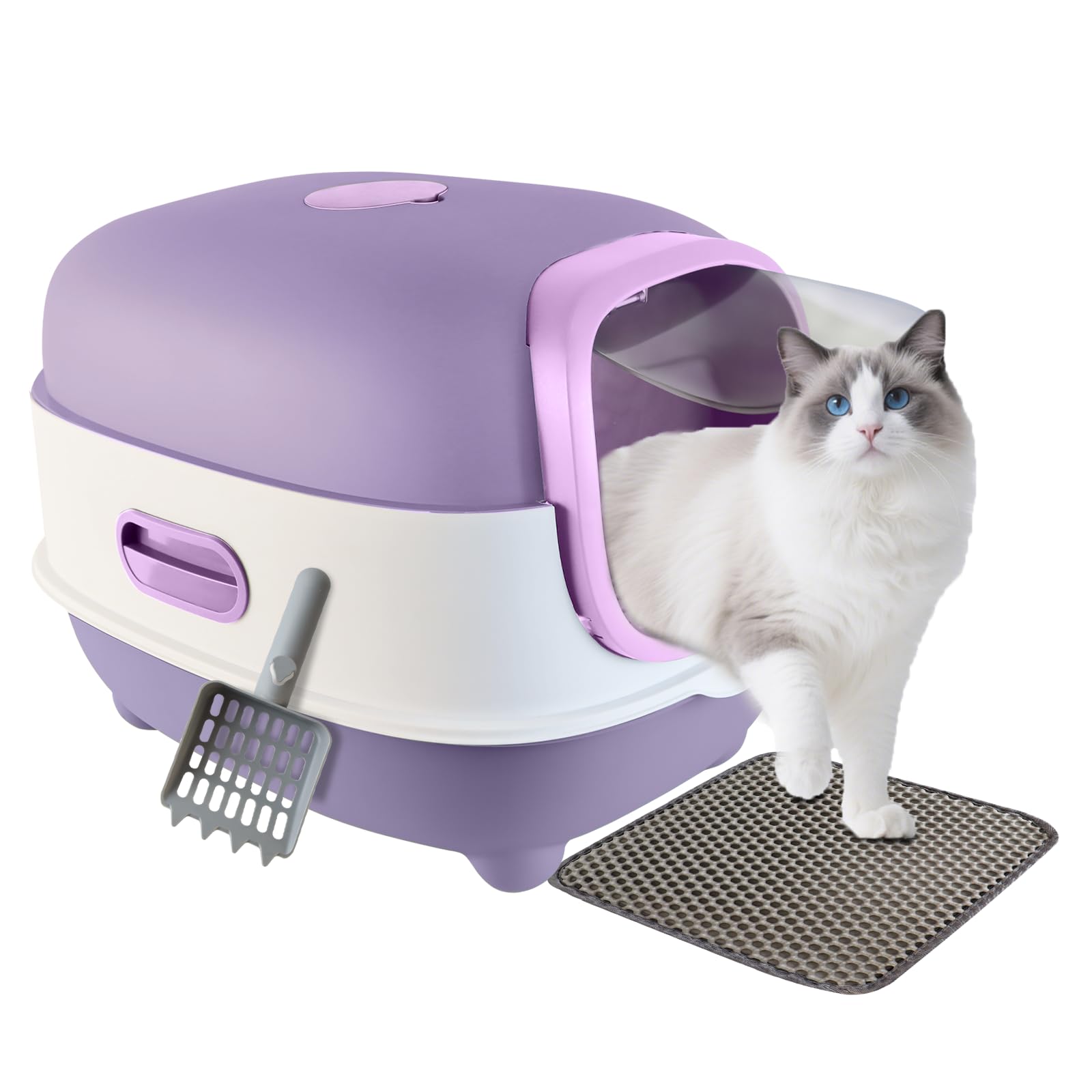 Large Cat Litter Box with Cat Litter Scoop, Foldable Litter Box with Lid, Front Entry and Exit Leak-Proof Litter Cat Box, Odor Control, Easy to Clean (Purple)