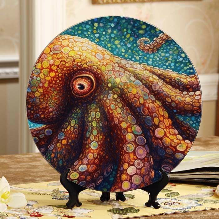Octopus 10-inch Ceramic Plate for Wall Display or Tabletop, with Stand & Hook DP-727492077