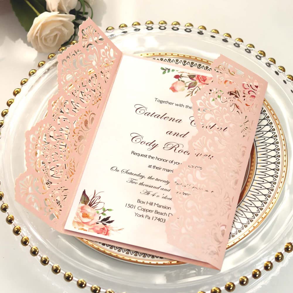 Delicada tarjeta de invitación de boda romántica D Paquete de 50, juego de papel imprimible en blanco y sobres for bodas, fiestas de cumpleaños, fiestas.(Roze,Blank)