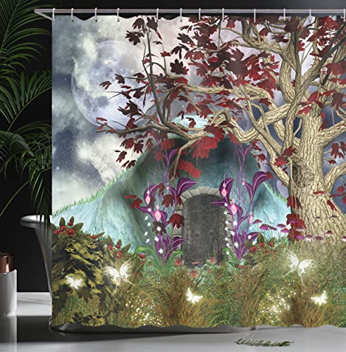 ABAKUHAUS Forest Shower Curtain, Dark Gothic Themed Fairytale Scene with Magic Tree and Secret Cave Illustration - Image 3