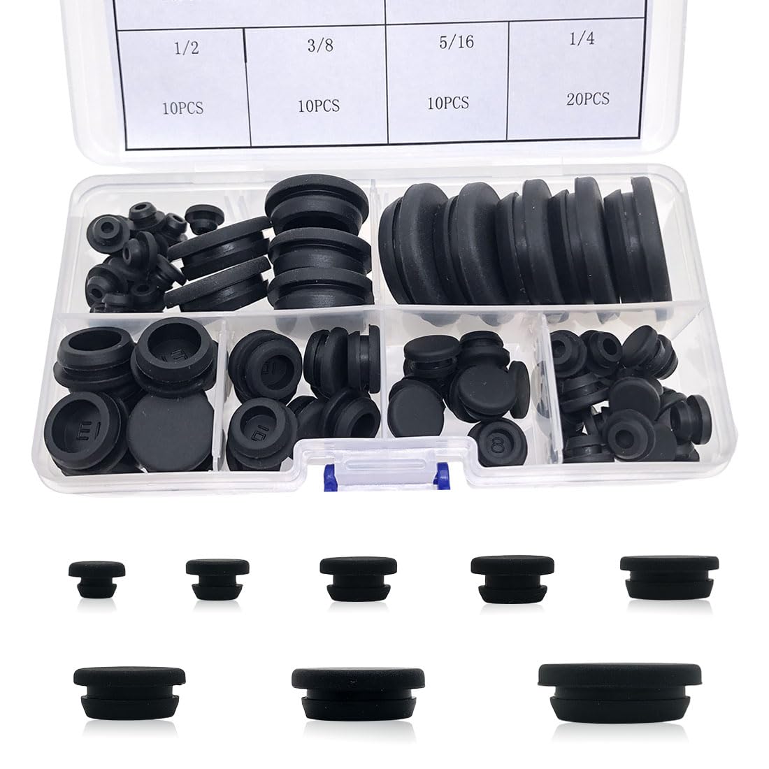 Photo 1 of 80PCS Silicone Hole Plugs Kit - 7 Sizes (1/4" 5/16" 3/8" 1/2" 3/16" 3/4" 1") - Snap Locking Round Hole Plugs Grommets for Automotive Hole Caps Drain Plugs Bottle Stoppers, Furniture etc. (Black)