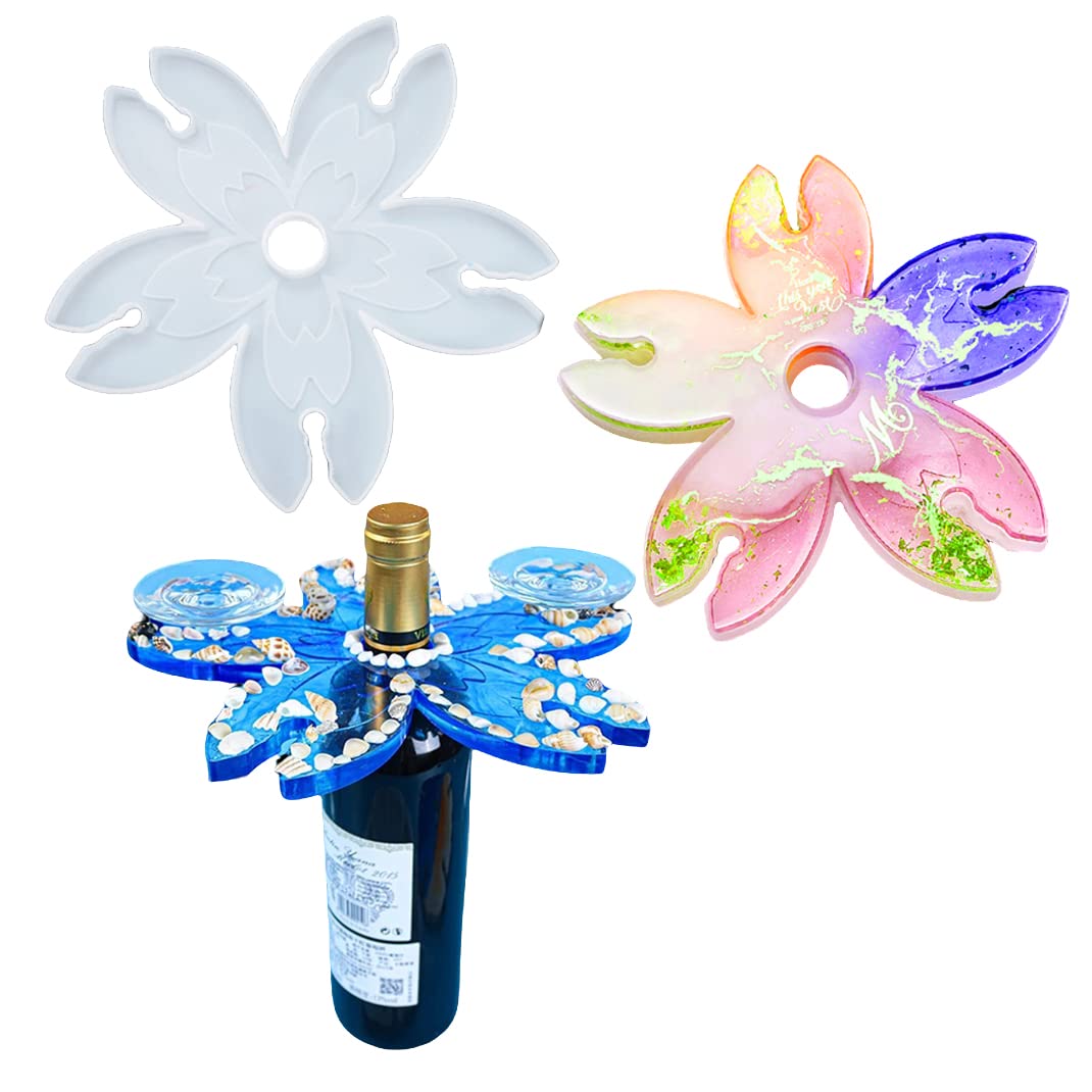 Isuperb Hang 5 Glasses Wine Glass Rack Resin Molds, Cherry Blossom Silicone Moulds Irregular Epoxy Resin Casting Moulds For Diy Wine Glass Holder, Tray, Coaster (Hang 5 Glasses)