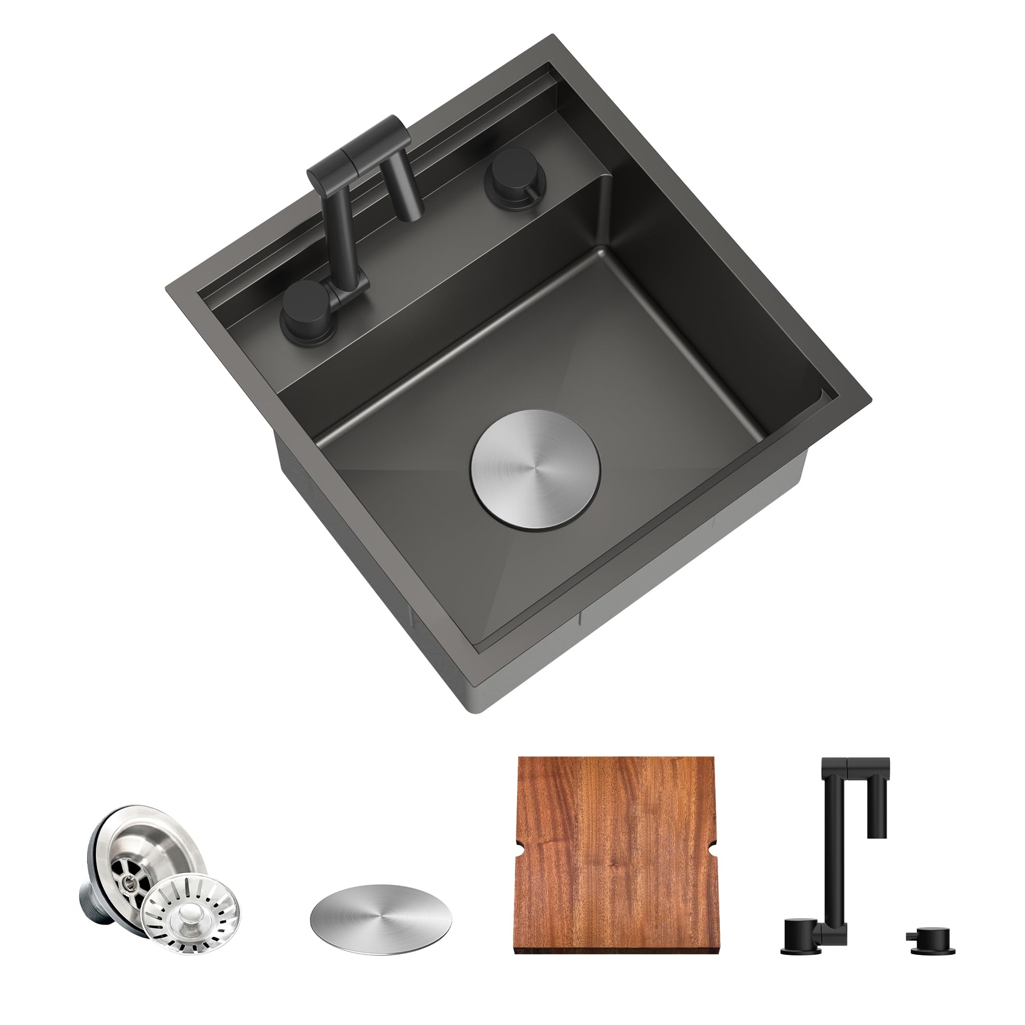 TORVA RV Sink, 16 x 17 x 9 Inch Undermount Bar Sink 16 Gauge Stainless Steel Single Bowl Workstation Sink with Faucet Cutting Board, Dark Grey