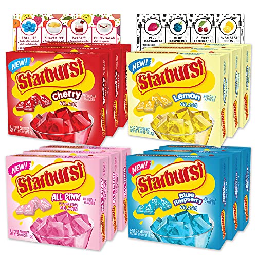 Starburst Gelatin Variety Pack of 12 | 3 Box Each Flavor - Blue Raspberry, All Pink Strawberry, Lemon and Cherry | Bundled with Ballard Jello Shot Recipe Card and Ballard Cold Treats Recipe Card