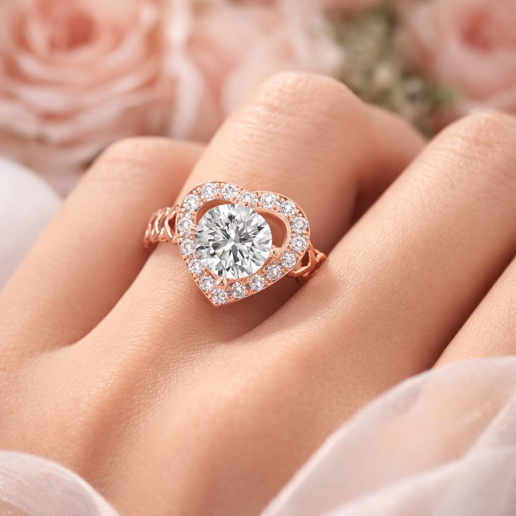 Heart Halo Engagement Ring With Round Cut Lab Grown Diamond Heart Link Chain Band With Pavé Setting Romantic Promise Ring For Women Bridal Wedding Ring Elegant Diamond Ring For Proposal Anniversary