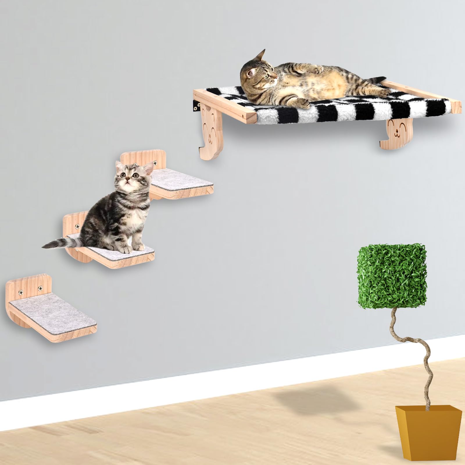 Hamaca para gatos montada en la pared, muebles de madera para gatos, estantes y barras de asiento, plataforma para dormir y jugar