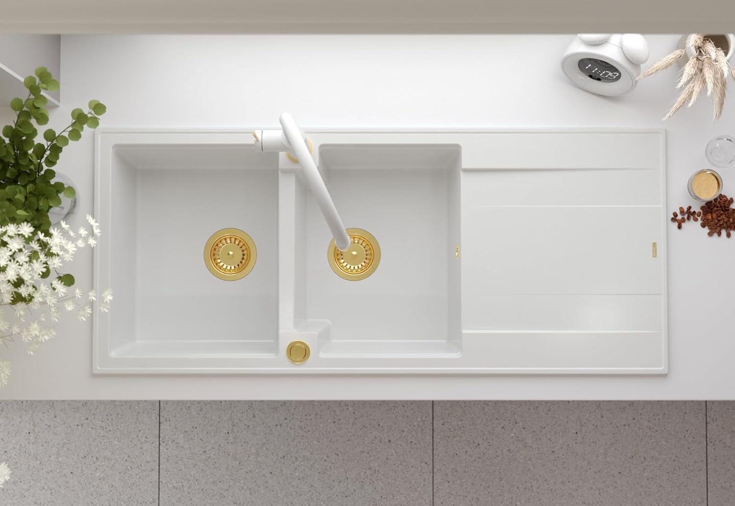 QUADRON fregadero doble cubeta blanco, EVAN 121 GraniteQ, fregadero de granito de 2 cubetas en 1160x500x210 mm, Push 2 Open fregadero con sifón y escurridor, elementos de cobre PVD