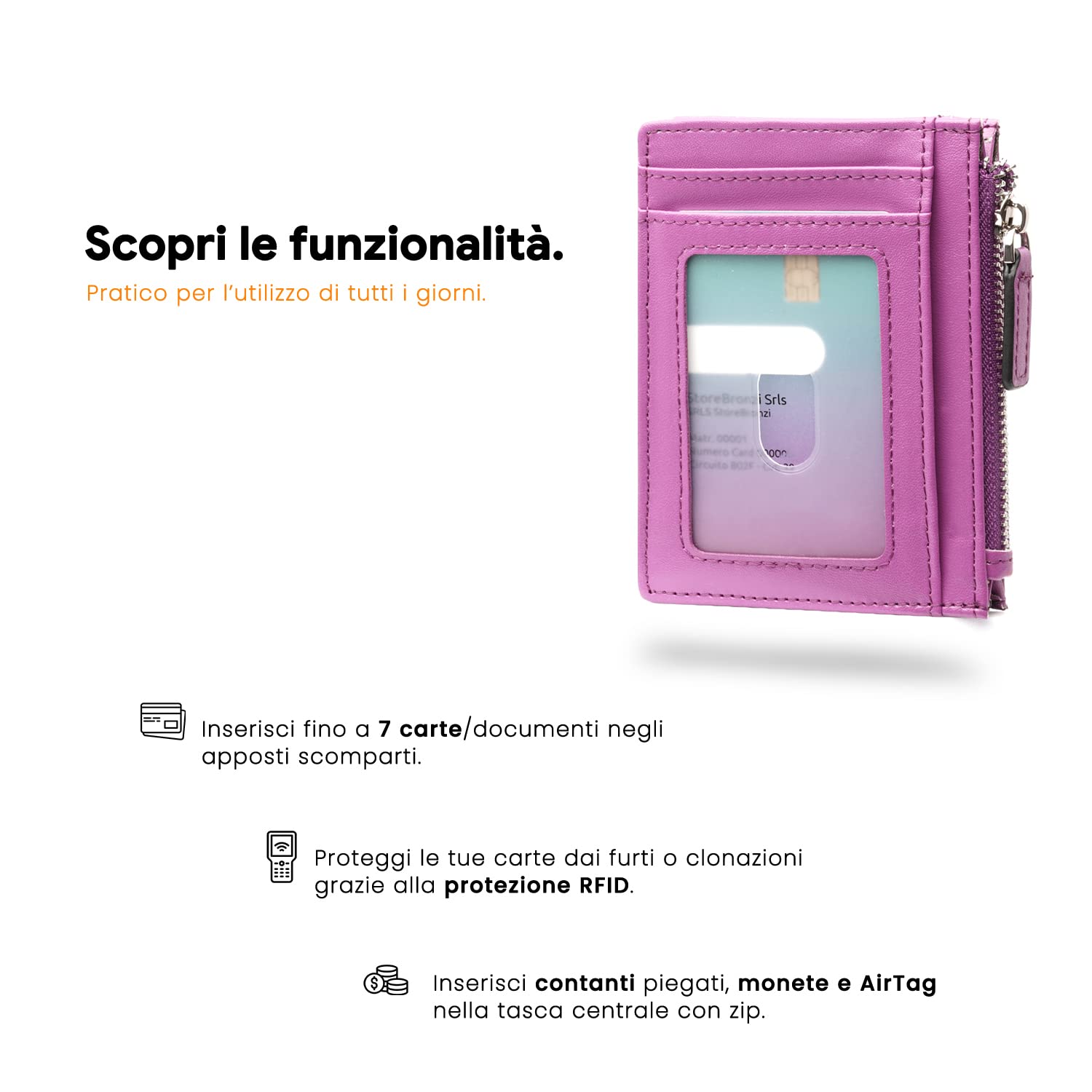Bronzi Portafoglio Porta Carte Credito - Portafoglio Uomo Slim Portacarte uomo - Mini Porta Tessere - Protezione RFID - Design Smart Italiano Scatola Regalo inculsa (Zip Viola)