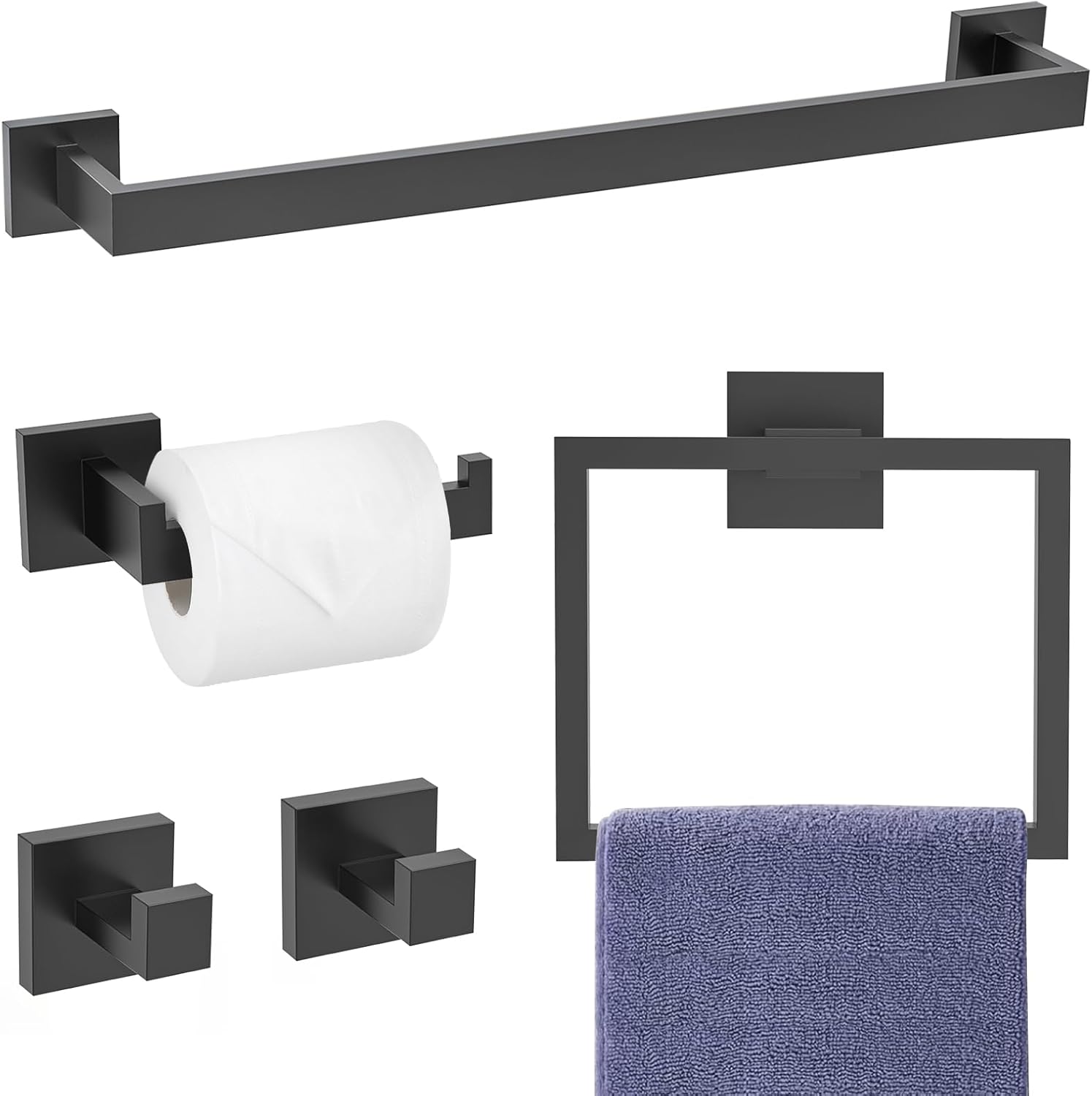 matte black towel bar set, 23.6 inch bathroom hardware accessories set, 5 pieces sus304 towel racks toilet paper holder set for bathroom kitchen wall mounted matte black 5 pieces
