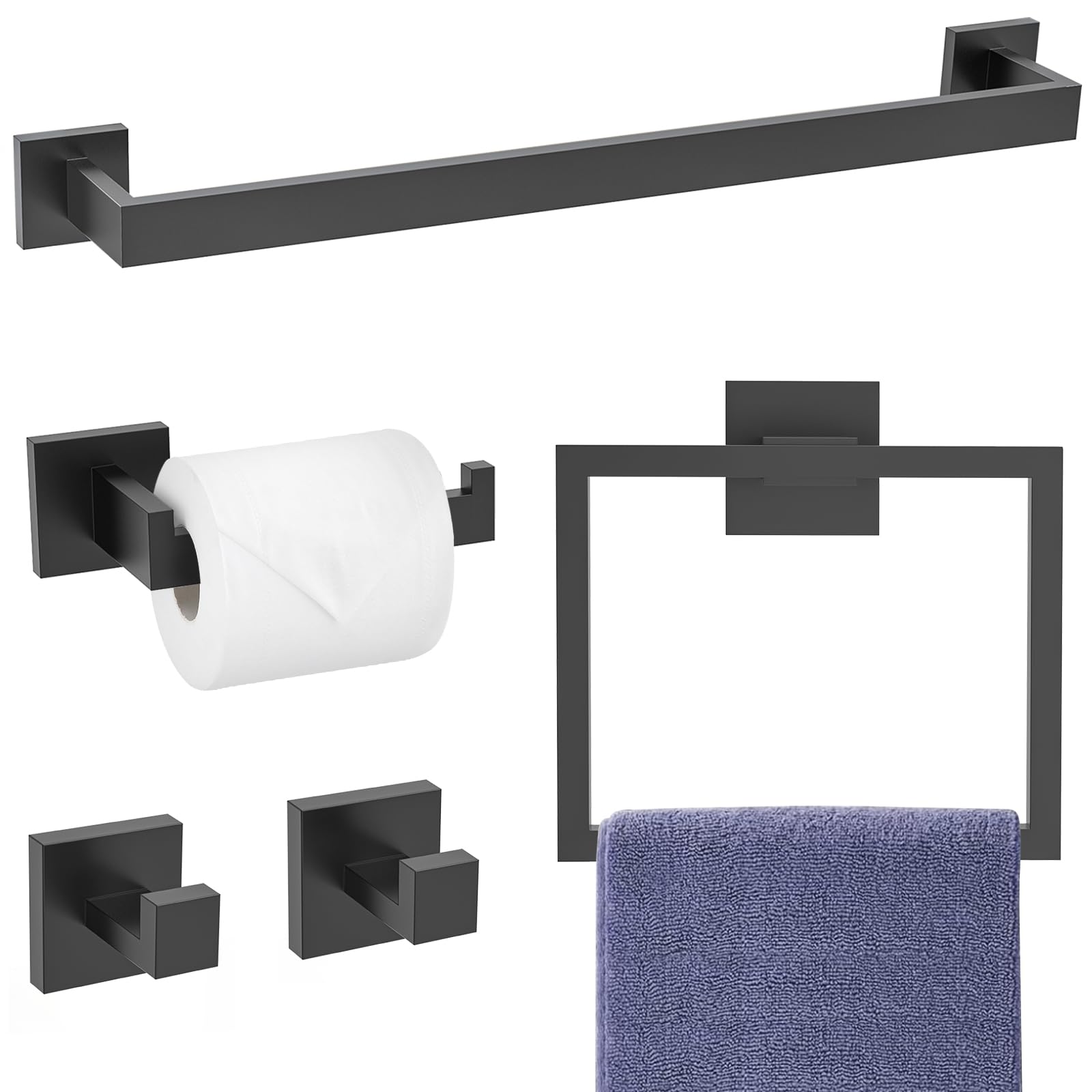LMYSXAOZ 5-Piece Matte Black Bathroom Hardware Set, SUS304 Stainless Steel Wall Mounted 23.6 Inch Hand Towel Bar Set