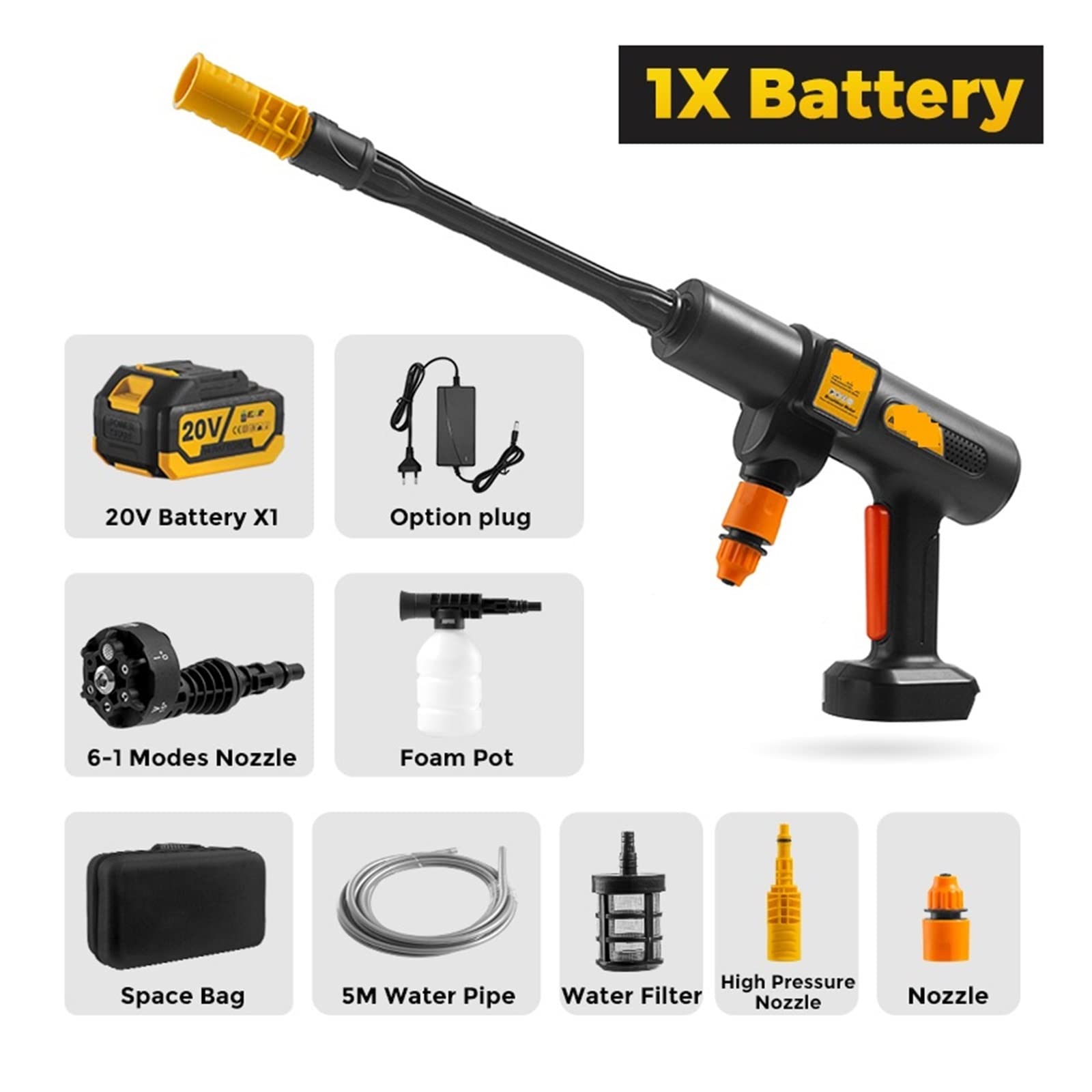 Pistolet Natryskowy, 200Bar Wysokociśnieniowa Myjnia Samochodowa Pistolet Generator Piany Pistolet Na Wodę Środek Czyszczący W Sprayu Myjnia Samochodowa Do Akumulatora 18V(With a battery)