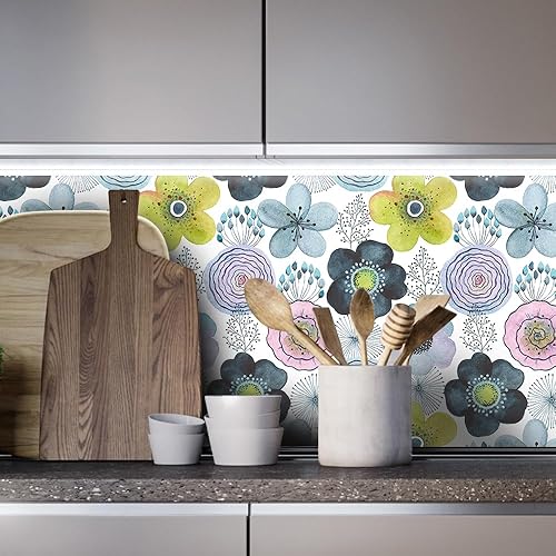 Miniatura 6 de Papel tapiz de girasol 3D de 17.7 x 118 pulgadas, papel tapiz de flores amarillas y flores, autoadhesivo, impermeable, con tinta bohemia, hojas