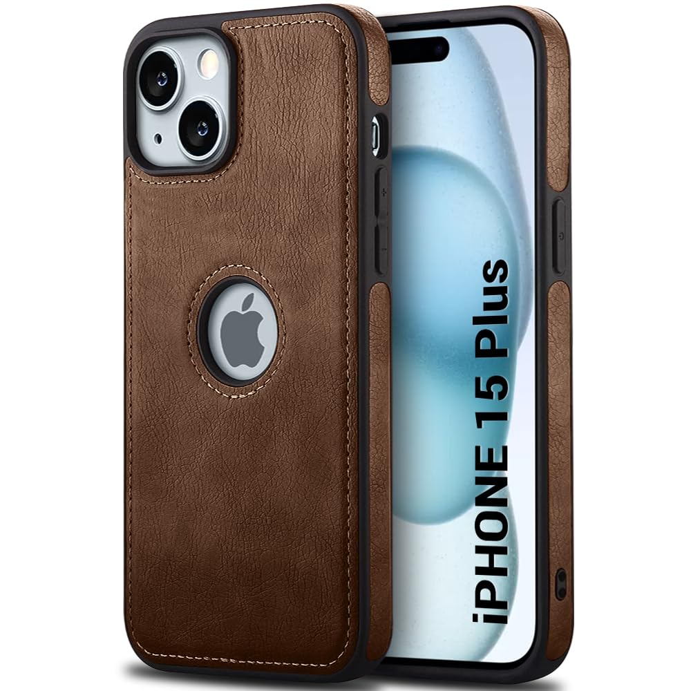 Genuine Leather Finish Back Cover Case for iPhone 15 Plus | Shockproof Design | Raised Edges for Camera & Screen Protection | Stunning Minimalist Design Case Cover (Black Sides, Brown)