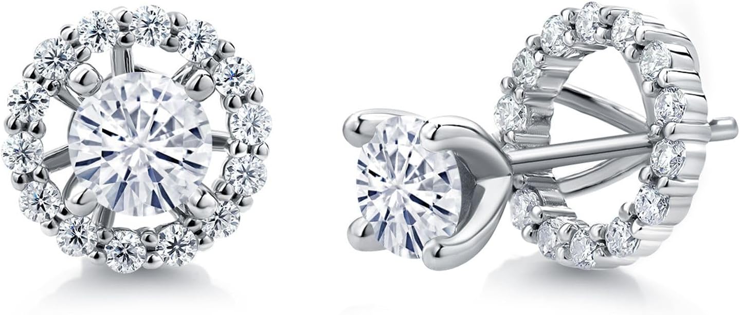 Gem Stone King 925 Sterling Silver Gemstone Birthstone and White Moissanite Earrings | Studs with Removable Jackets for Women | Center Round 5MM